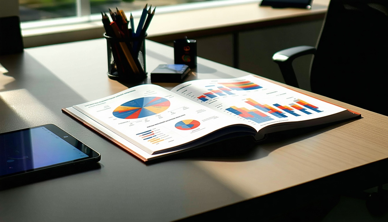 Şık ve modern ofis masası, yakındaki bir pencereden giren doğal ışıkla aydınlanan pürüzsüz ve cilalı bir yüzeye sahiptir Masanın üzerinde, canlı bir tasarıma ve cesur bir yazı tipine sahip profesyonel kapağıyla ciltli bir pazarlama raporu göze çarpmaktadır-2