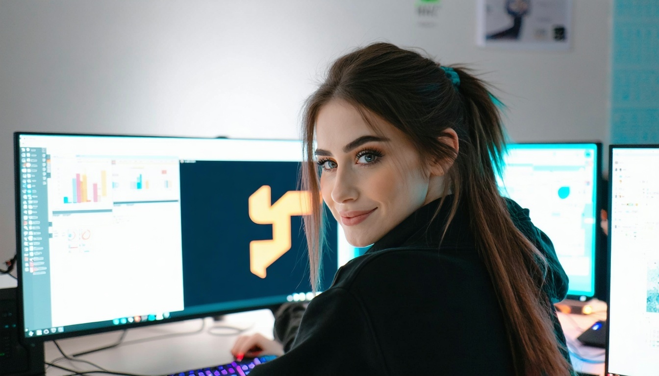 Bilgisayarın önünde BIMI Compliance için tamamlanmış bir logoya bakan genç kadın-Jul-30-2025-05-57-27-4116-PM