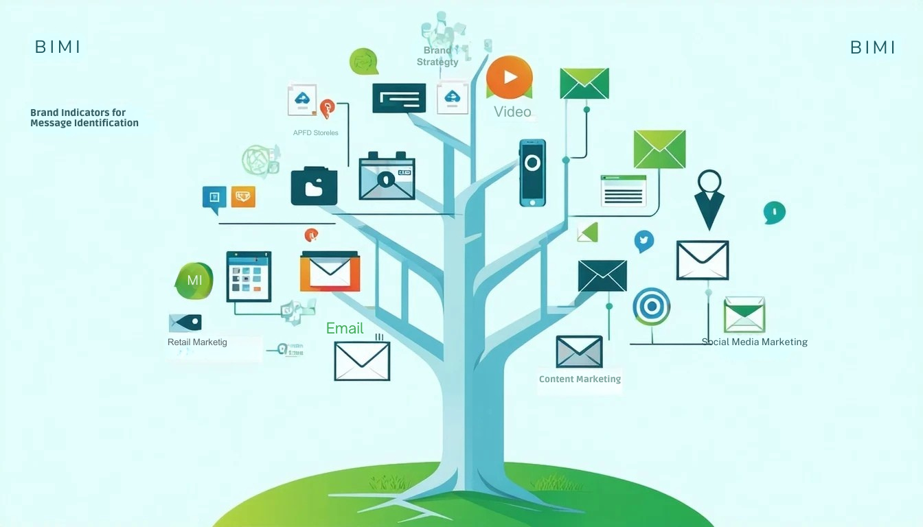 BIMI veya Mesaj Tanımlama için Marka Göstergeleri, dijital iletişimde marka tanınırlığı ve güven için sağlam bir çerçeve sağlayan bir pazarlama stratejisi ağacının temel gövdesi olarak hizmet eder Bu merkezi sütundan çeşitli pazarlama taktik-